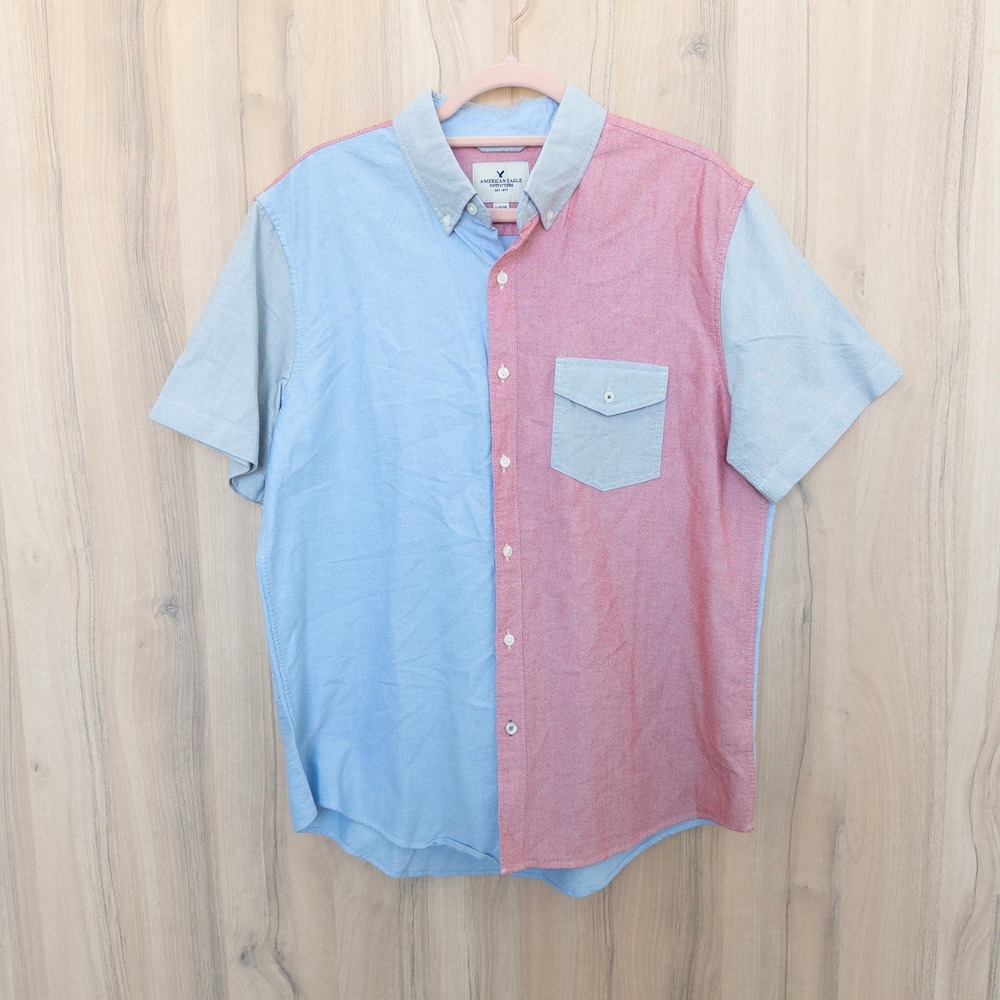American Eagle Mens Chambray Button Down L Blue Pink Colorblock Preppy Coastal